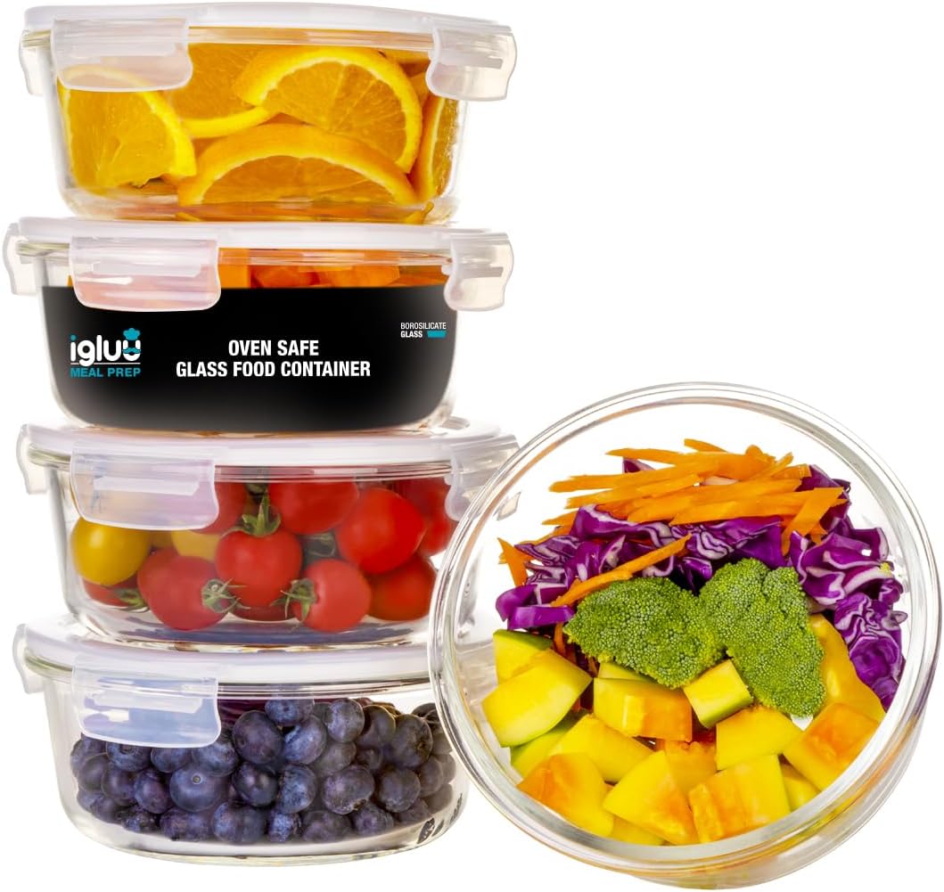 Round Glass Containers with Air Vent Lids (5 Pack) – 32oz