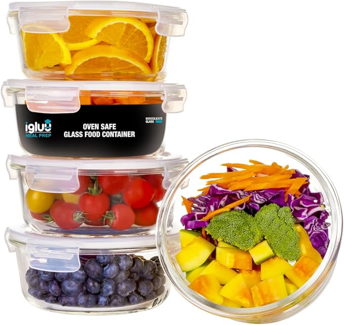 Igluu Meal Prep Round Glass Containers with Air Vent Lids (5 Pack+Extra Lid) – Airtight & BPA-Free – Oven, Microwave, Freezer and Dishwasher Safe – 32oz – Durable Borosilicate Glass
