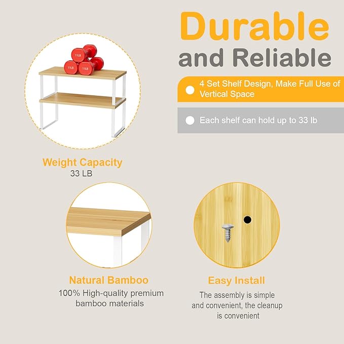 OGEMXU Cabinet Shelf Organizers, 15.7 inches Large Kitchen Counter Shelf, Set of 2 Wood Kitchen Pantry Organizer, Storage Shelves for Countertop, Spice Rack, Stackable, Expandable, Metal White, Nature