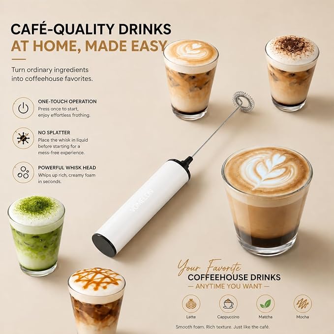 Milk Frother, Rechargeable Battery Operated Frother for Coffee,Portable Drink Mixer with 2 Stainless Steel Whisk Heads,Milk Foamer for Keto Coffee, Latte, Cappuccino, Hot Chocolate,White