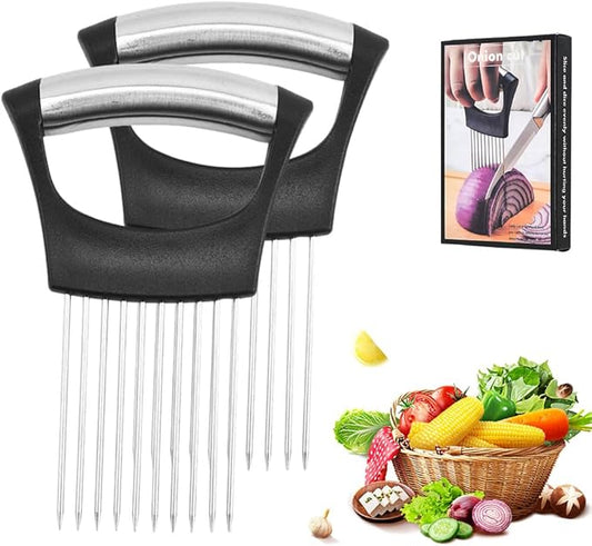 Onion Holder for Slicing, 2025 New Stainless Steel Onion Slicer Holder, Lemon Tomato Onion Cutter, Vegetables Fruit Chopper Kitchen Gadgets Assistant Tool for Meat, Eggs, Onion, Potato, Tomato (2)