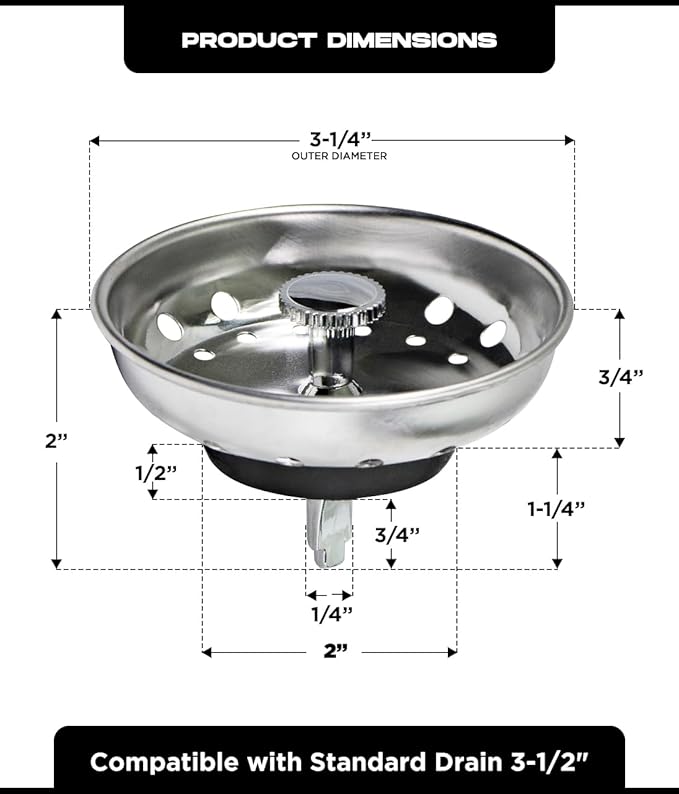 Highcraft 97333 Kitchen Sink Basket Strainer Replacement for Standard Drains (3.25 Inch) Chrome Plated Stainless Steel Body With Rubber Stopper, 3.25"