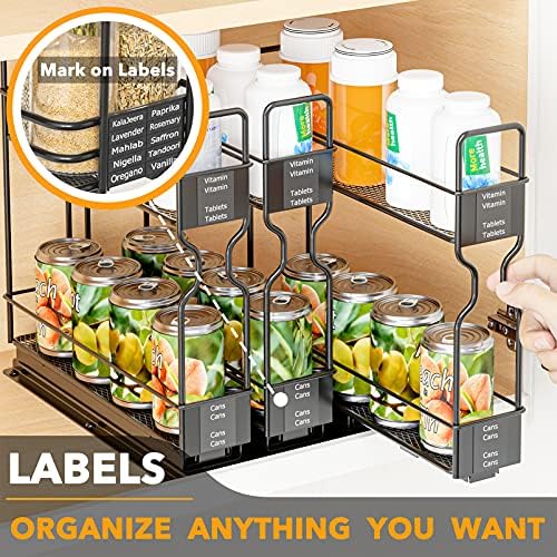 Pull Out Spice Rack Organizer for Cabinet, Heavy Duty Slide Out Seasoning Kitchen Organizer, Cabinet Organizer, with Labels, 7.7" W x10.75 D x10 H, 3 Drawers 2-Tier