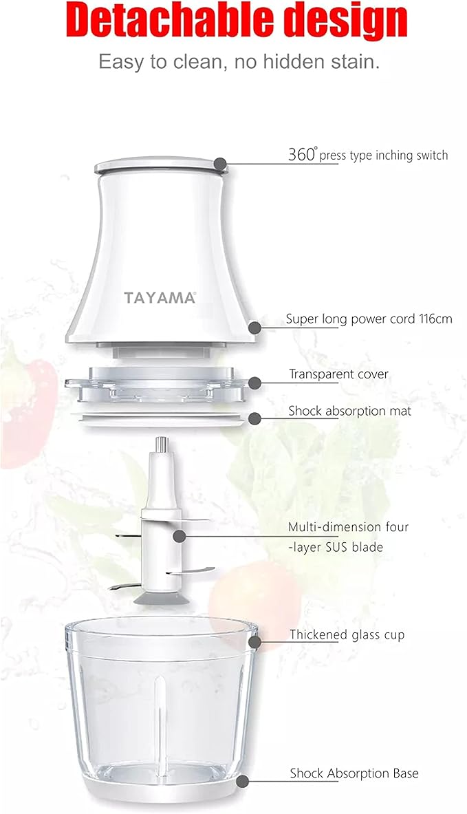TAYAMA 2.5 Cup White 200W Mini Chopper 4-Layer Blade Food Processor, Medium