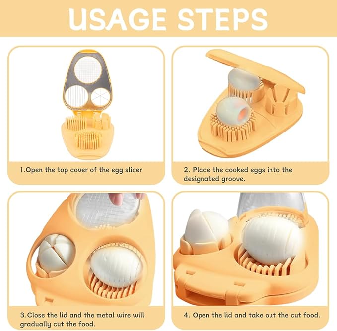 3 in 1 Boiled Egg Slicer, Manual Egg Slicer for Hard Boiled Eggs, 3 Slice Modes Chopper Cutter Stainless Steel Dicer, Kitchen Gadget for Butter Strawberry Tomato, Labor Saving (Yellow)