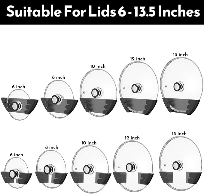 Universal Adjustable Pot Lid Holder Organizer for Cabinet - Upgraded Patented Niceyos 8 Pack Pan Lids Organizers Inside Cabinet Door Wall Mount Pots Top Rack for Kitchen Cupboard Fit 6" to 13" (Black)