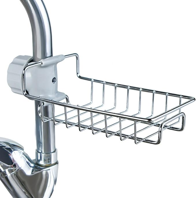 Sponge Holder for Kitchen Sink, Stainless Steel Sink Faucet Organizer Over Faucet Organizer, Detachable Sink Caddy Organizer for Kitchen Bathroom Hanging Cleaning Supplies