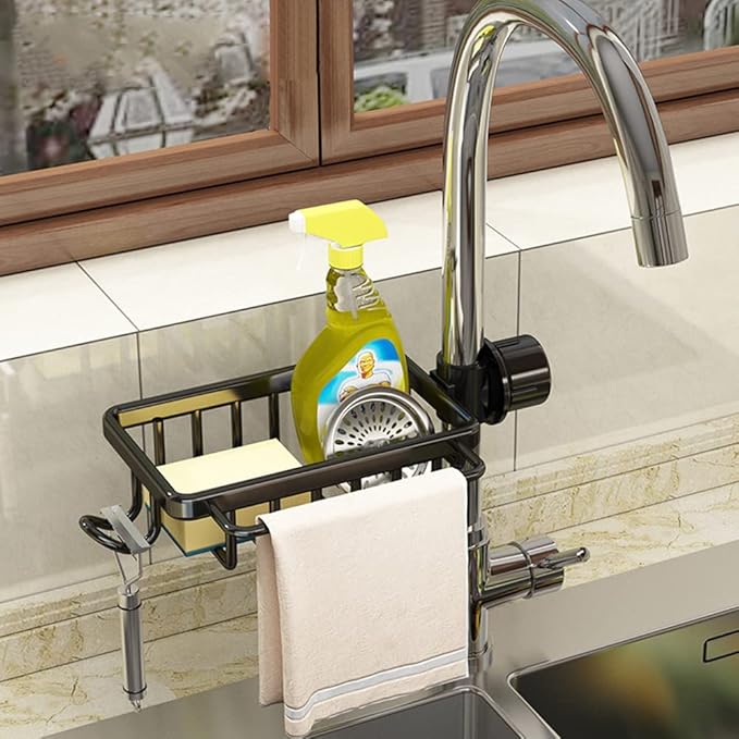 Faucet Sponge Holder Upgraded Kitchen Sink Caddy Organizer with Dish Towels Drying Rack & Hooks Over Faucet Hanging Faucet Drain Rack for Sink Organizer (with Towel Rack-Left, Black)