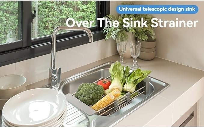 Adjustable Dish Drying Rack with Stainless Steel Drain Basket Over-The-Sink - Portable & Telescopic Space-Saving Solution for Fruit Vegetable