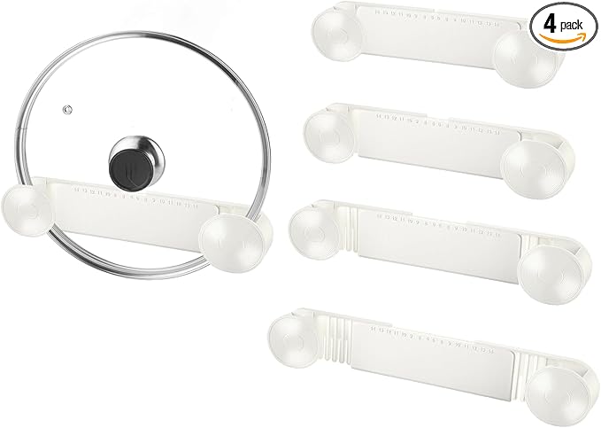 4-piece pot lid rack, pot lid storage container suitable for lids ranging from 6 inches to 14 inches, adhesive wall mounted pot lid storage, suitable for kitchen cabinets and cabinet doors (White)