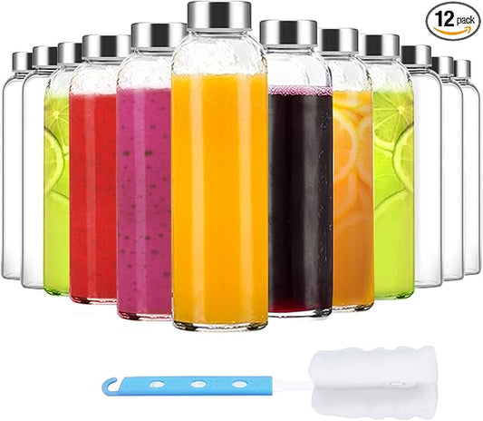 Luxfuel Clear Glass Bottles with Lids 18 oz, Reusable Glass Water Bottles with Stainless Steel Cap for Juicing,Refrigerator,100% Leak Proof, BPA Free, Juice Water Bottle Set of 12