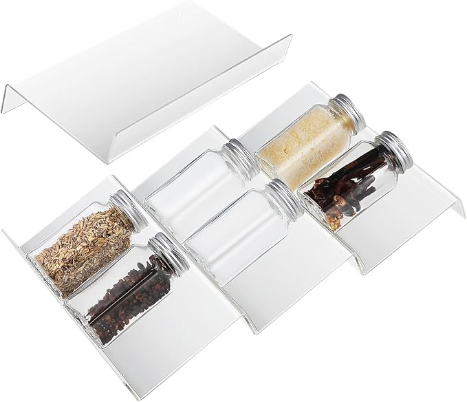 Cabilock 4 Pack Expandable Spice Drawer Organizer, Clear Acrylic 4-Tier Seasoning Rack Tray for Kitchen Drawers, Cabinets, Countertop, Pantry, Nail Polish and Small Bottles