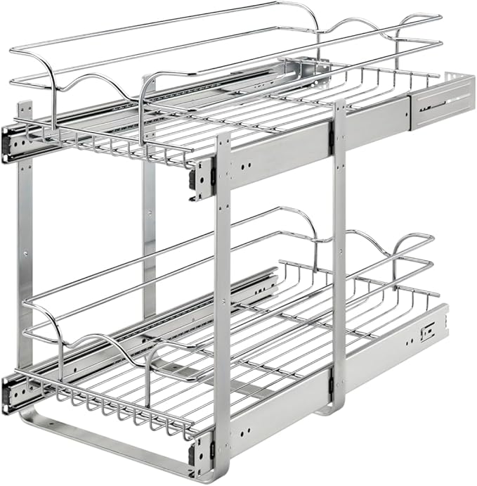Rev-A-Shelf 2-Tier Pullout Shelf and Drawer Organizer for Kitchen Cabinets, Slide Out Storage Basket, Min Opening Width of 11.5", 12" x 22", 5WB2-1222CR-1