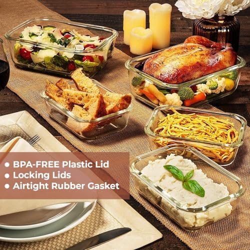 8 Cups/ 63 Oz 4 Piece (2 containers + 2 Lids) Large Glass Food Storage/ Baking Containers with Locking Lids. Ideal for Storing food, vegetables or fruits. BPA Free & Leak Proof -Microwave, Oven Safe