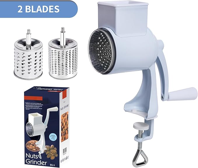 Manual Nut Chopper Grinder, Rotary Cheese Grater Hand Crank Cheese Shredder Multifunctional Dried Fruit Crusher Peanut Masher Grinding Device for All Nuts Walnut Pecan Double Sword White