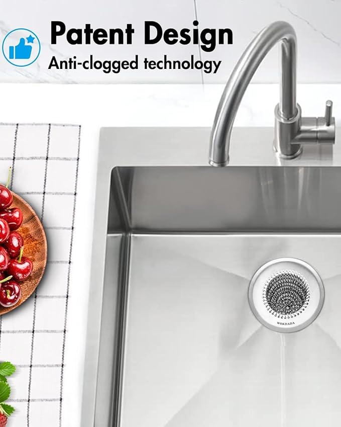 WOKDADA Upgraded Kitchen Sink Drain Strainer, Patented Reversible Kitchen Sink Strainer, 304 Stainless Steel Sink Strainer Basket, Anti-Clogging & Handmade, Fit US Standard 3-1/2'' Sink Hole
