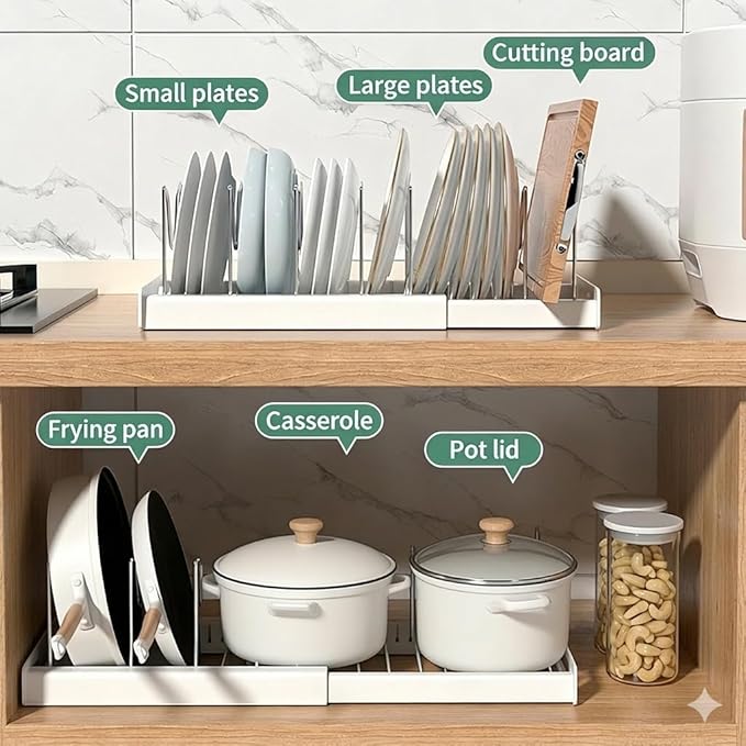 OMIO Expandable Pots and Pans Organizer Rack Under Cabinet, 12"-22" Adjustable Lid Holder with 7 Stainless Steel Dividers, White ABS Kitchen Storage for Lids, Pans, Cutting Boards