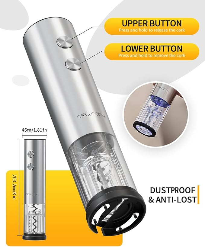 CIRCLE JOY Electric Wine Opener Rechargeable 5-in-1 Stainless Steel Wine Gift Set with Foil Cutter, Wine Aerator Pourer, Wine Drip Ring & Vacuum Stopper, Ideal Gifts for Wine Lovers, Silver