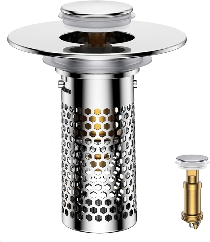 Bathroom Sink Drain Strainer,Pop-Up Sink Stopper Hair Catcher, Anti-Clog Stainless Steel Drain Filter Basket, Removable Sink Drain for Bathroom Sink Stopper Replacement (Silver-1)