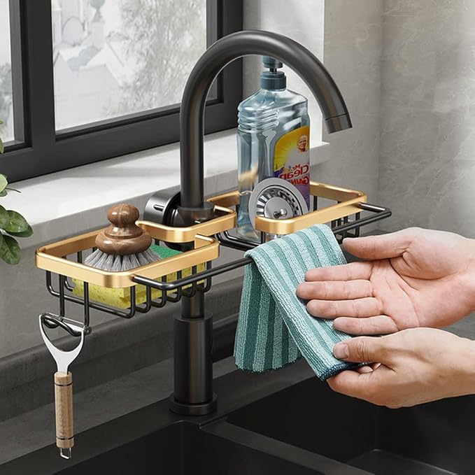 Faucet Sponge Holder Kitchen Sink Caddy Organizer Over Faucet Hanging Drain Rack (Normal, Golden)