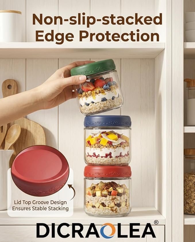 10oz 4Pack Glass Overnight Oats Jars Containers with Airtight Leakproof Lids, Reusable Mason Jars for Meal Prep, Yogurt Parfaits, Smoothies, Salads & Healthy Breakfasts (10 OZ-4-1)