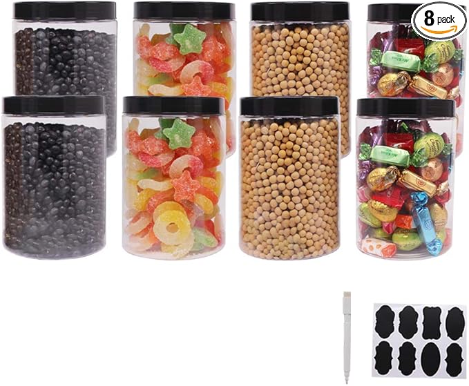 zmybcpack 8 Pack 25 oz Plastic Jars With Lids, Extra Labels, 1 Pen, Clear PET Seal Jar for Food Storage,Wide Opening Storage jar For Dry Food, Peanut, Powder, Kitchen & Craft Storage