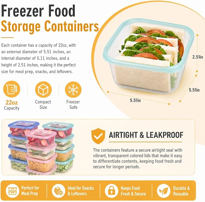 12 Pack Food Storage Containers with Airtight Lids, 22oz Reusable Plastic Meal Prep Containers, Stackable, Freezer & Microwave/Dishwasher Safe for Snacks, Fruits & On-the-Go Meals