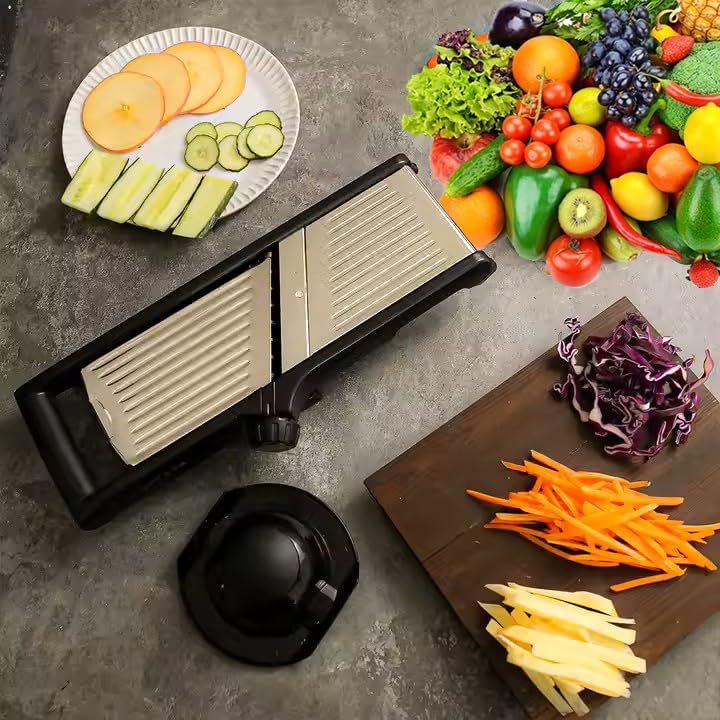 Adjustable Stainless Steel Mandoline Slicer for Kitchen – Sharp & Durable Vegetable and Fruit Cutter with Non-Slip Grip, Safety Gloves, Cleaning Brush – Easy-Clean & Dishwasher-Safe - Image 2