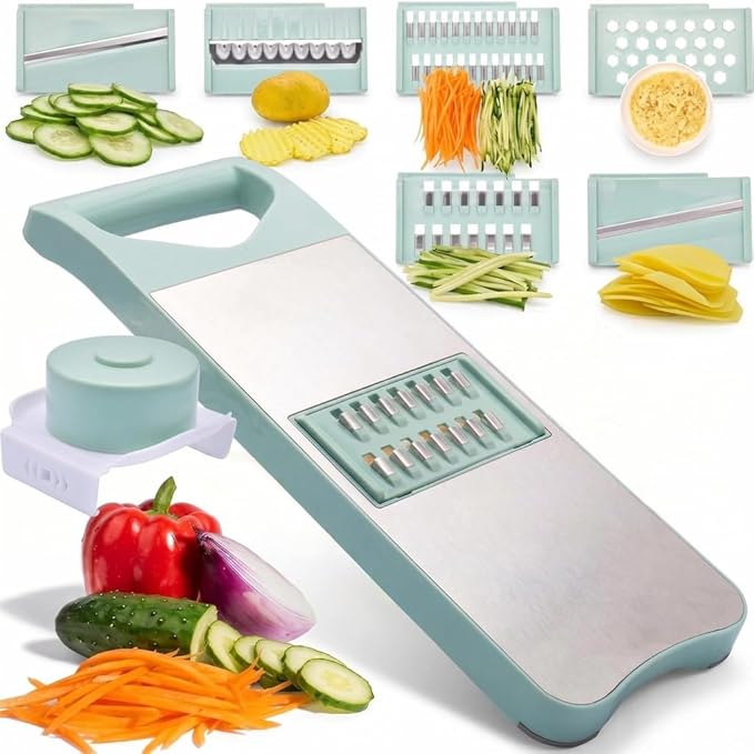 NACOLUS 6-Blade Mandoline Slicer with Slide-On Hand Guard - Vegetable Slicer, Carrot Shredder,Safe Potato/Garlic Slicer Vegetable Cutter, Waffle Fry Cutter (Green, 6-in-1)