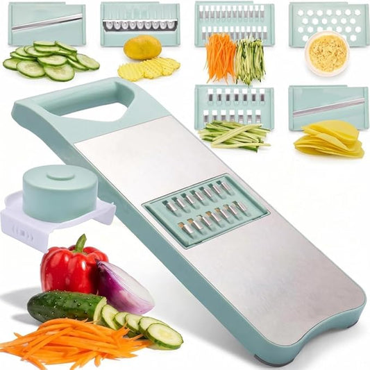 NACOLUS 6-Blade Mandoline Slicer with Slide-On Hand Guard - Vegetable Slicer, Carrot Shredder,Safe Potato/Garlic Slicer Vegetable Cutter, Waffle Fry Cutter (Green, 6-in-1)