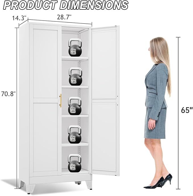 winiowa Metal Pantry Cabinet with 2 Doors and Adjustable Shelves - 71" Kitchen Storage Cabinet with Gold Handles - Versatile Storage for Kitchen, Bathroom, Dining Room, Utility Room - White
