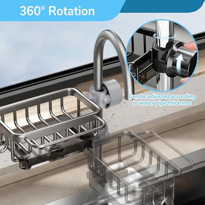 BusyLive Kitchen Sink Faucet Organizer,2024 New Sink Drain Rack Sponge Storage, Adjustable Detachable Sponge Holder for Kitchen Faucet, Sink Drain Holder for Soap, Shampoo, Shower Shelf (Twins)