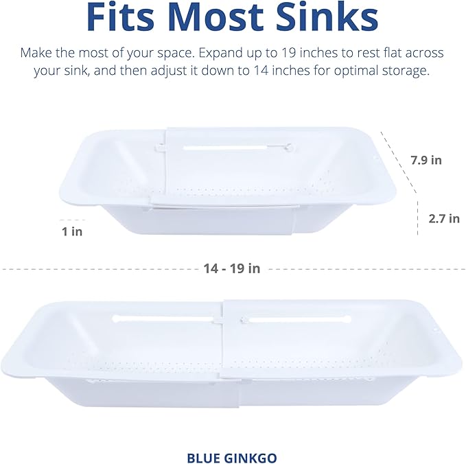 BLUE GINKGO Over the Sink Colander Strainer Basket - Wash Vegetables and Fruits, Drain Cooked Pasta and Dry Dishes - Extendable - New Home Kitchen Essentials (White, 1 Pack)