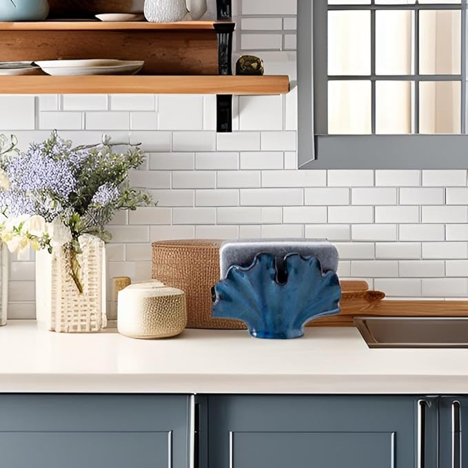 Uiddo Ceramic Sponge Holder,Sponge Holder for Kitchen Sink,Compact Sink Caddy Organizer-Scouring Pad and Dish Sponge Holders,Farmhouse Kitchens Decor Cute Kitchen Gadgets Accessories(Blue)