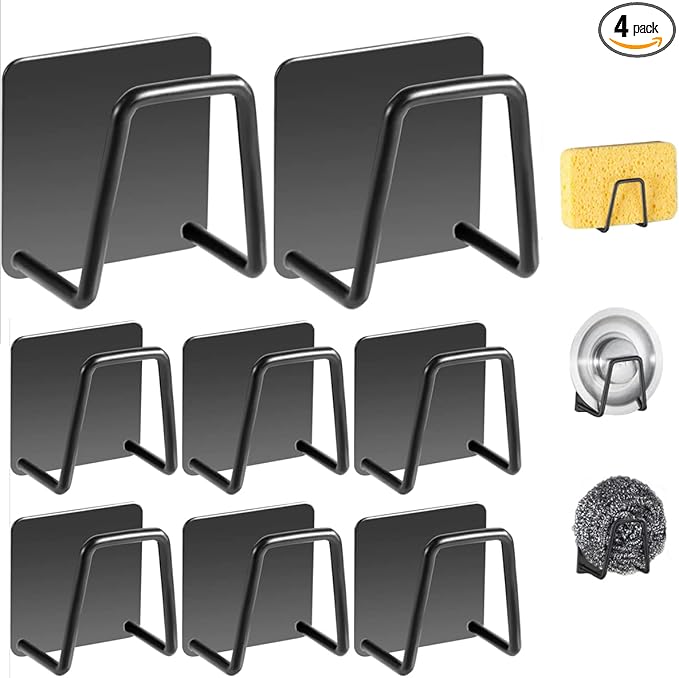 LYART 4Pcs Premium Sink Sponge Holder for Kitchen Sink Caddy Brush - SUS304 Stainless Steel Waterproof Rustproof Quick Drying Strong Self Adhesive (4. Black X 8Pcs)