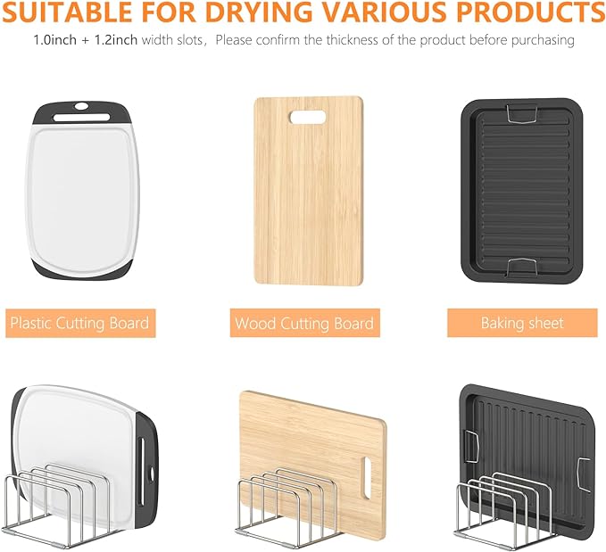 KORRTFID Cutting Board Holder Stand, Chopping Board Storage Rack, Cutting Board Organizer, 304 Stainless Steel Chopping Board Holder, Cookie Sheets Organizer 1.0+1.2 Inch Width Slots (2 PCS)