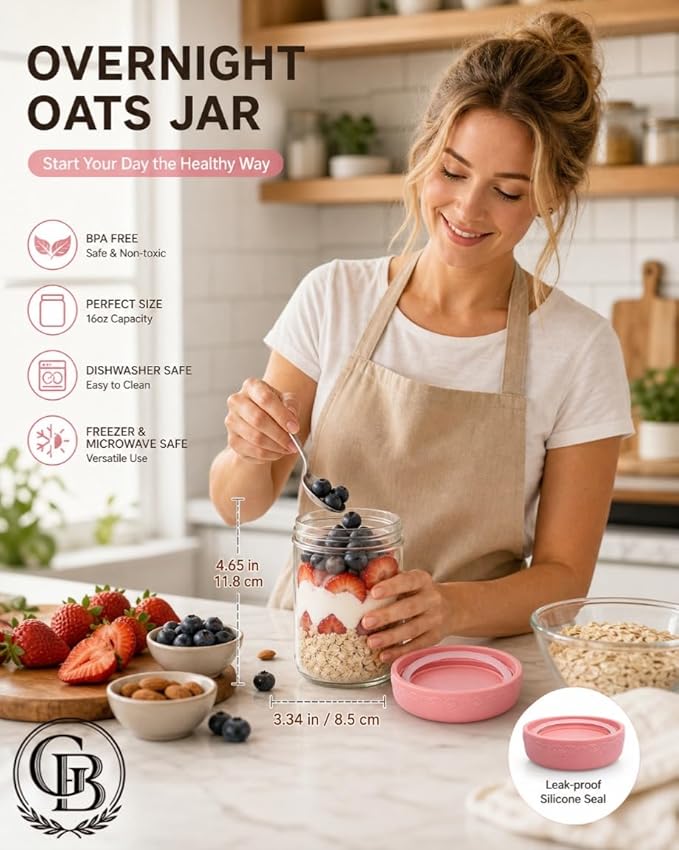 16 OZ 4Pack, Overnight Oats Jars with Lids, Glass Meal Prep Containers, Airtight Mason Jars for Breakfast, Yogurt Parfait, Salad & Smoothies, Leakproof and Reusable Food Storage Jars(4-2)