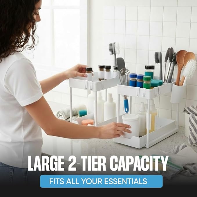 Undersink Organizer, 2-Tier Under Sink Storage Rack with Sliding Drawers for Kitchen Bathroom Cabinets, Pull Out Organizer for Pantry, Laundry Room & Closet Organization - 2 Pack, White