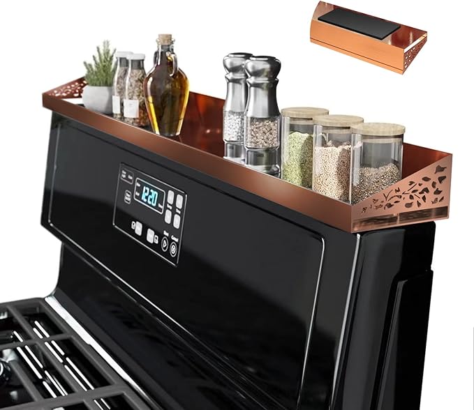 STUTOV 30" Magnetic Stove Top Shelf – Brushed Copper Spice Rack and Seasoning Organizer – Kitchen Shelf for Back of Stove – Over Stove Rack and Storage Organizer