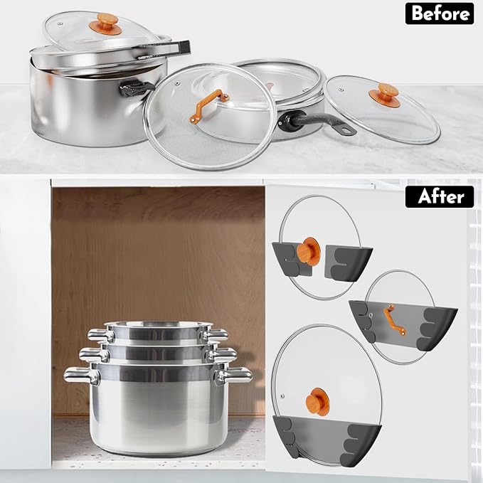 Universal Adjustable Pot Lid Holder Organizer for Cabinet - Upgraded Patented Niceyos 4 Pack Pan Lids Organizers Inside Cabinet Door Wall Mount Pots Top Rack for Kitchen Cupboard Fit 6" to 13" (Black)