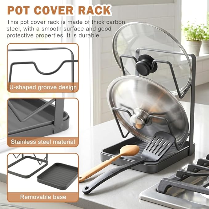 2-Tier Pot Lid Holder for Stove Top, Heavy Duty Carbon Steel Pot Lid Organizer with Detachable Drip Tray & Spoon Rest, Multifunctional Kitchen Rack for Countertop (Gray)