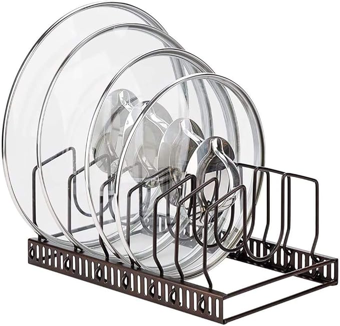 Toplife Pot Lids Organizer Rack for Cabinet and Countertop, 7+ Pan Lids and Bakeware Organizer Rack Holder with 7 Adjustable Compartments - Brown