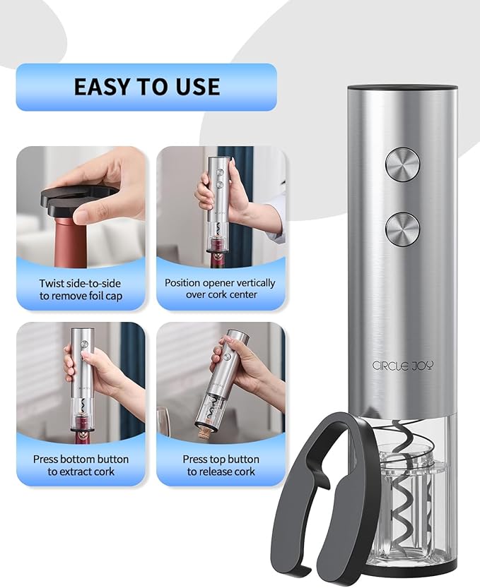 CIRCLE JOY Electric Wine Opener Stainless Steel Rechargeable Automatic Wine Bottle Opener Set 7-in-1 Wine Gifts for Wine Lovers with Charging Base, Foil Cutter, Wine Aerator Pourer & 2 Vacuum Stoppers
