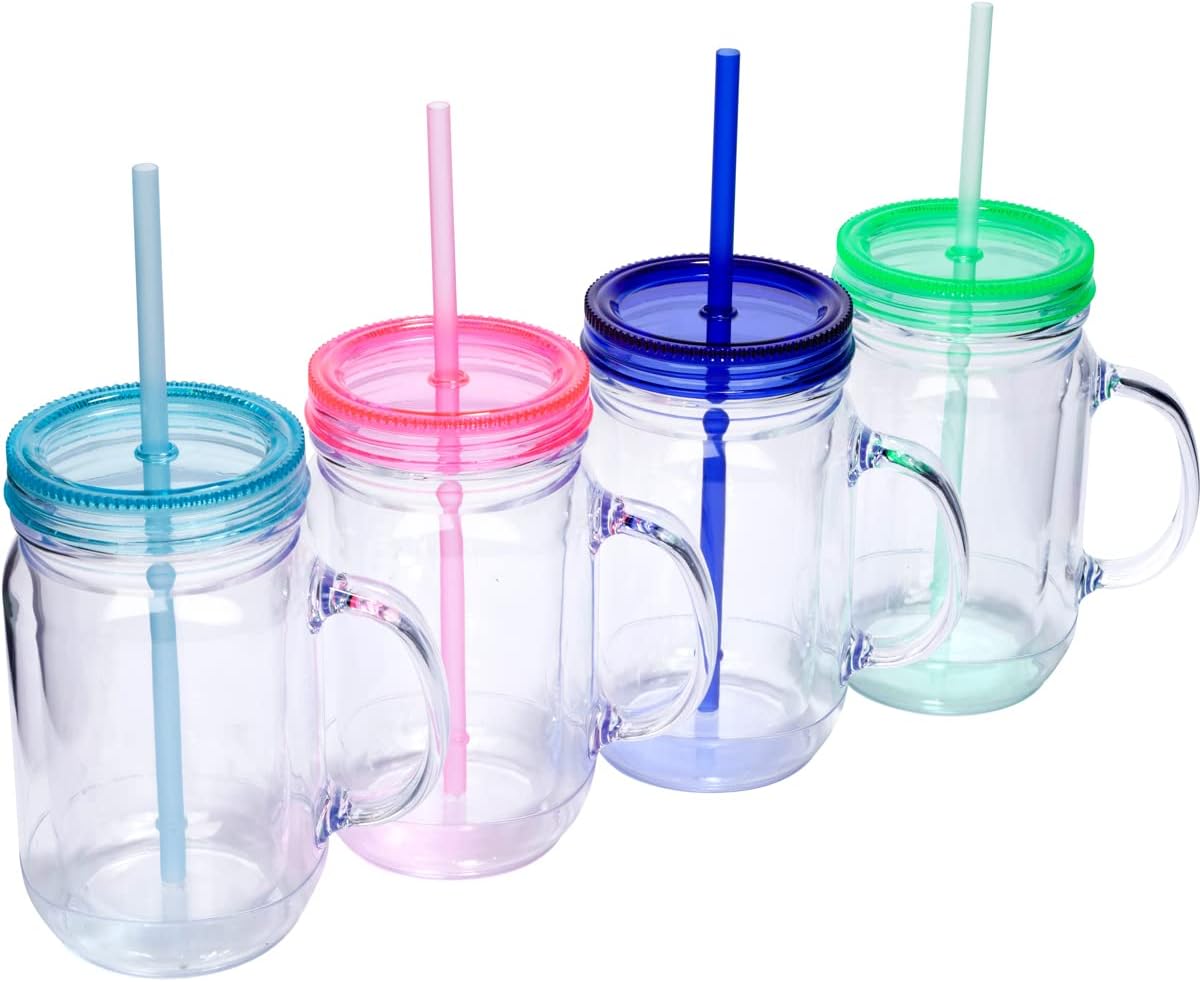 Plastic Mason Jars with Handles, Lids and Straws | 20 oz Double Insulated Tumbler with Straw | 4 Pack Set of 4 | Wide Mouth Mason Jar Mugs | Cups for Kids and Adults…