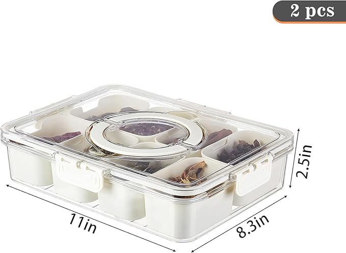 2Pack Divided Veggie Tray with Lid and Handle 8 Compartment Serving Tray with Dividers Portable Travel Snack Containers Stackable Snackle Box Charcuterie Container for Fruit,Vegetable,Salad