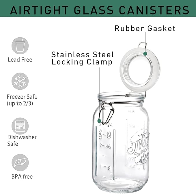 Tebery 4 Pack Clear Wide Mouth Glass Mason Jars with Airtight Clamp Lids, 32Oz Glass Storage Containers Large Kitchen Canisters for Food, Flour, Pasta, Coffee, Candy, Dog Treats, Snacks & More