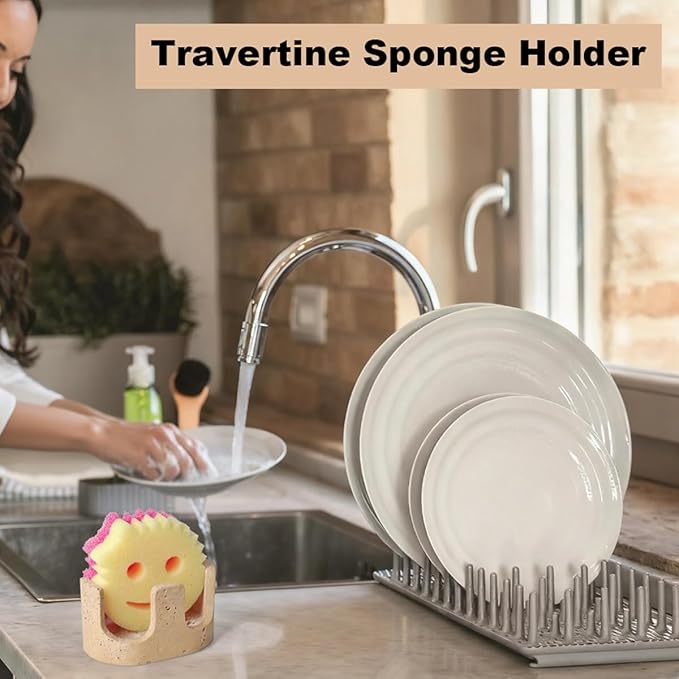 2 in 1 Travertine Sponge Holder, 2 Slot Natural Stone Sink Organizer with Raised Edge to Catch Drips,Keeps Sponges Dry & Countertop Clean, Heavy&Stable with Anti-Slip Base, Kitchen Decor,Double, Beige