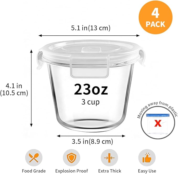 H.JSS WDJS 24 Oz Round Glass Food Storage Container set, 3 Cup Round Glass Soup Container with Airtight Lids BPA free, Borosilicate Storage Bowls, Dishwasher Microwave Freezer Safe (2 Pack)