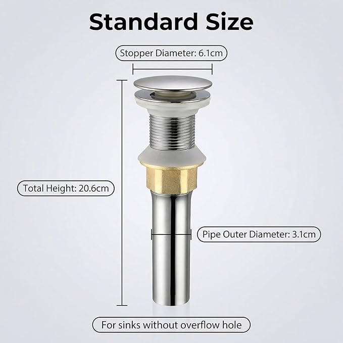 Bathroom Sink Drain, Drain Stopper Bathroom Sink Without Overflow, Assembly with Detachable Strainer Basket, Built in Anti Clogging Pop Up Drain Strainer, Stainless Steel Brushed Nickel 1Pcs