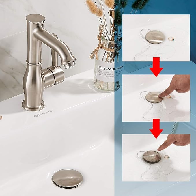 REGALMIX Bathroom Sink Drain Stopper Without Overflow, Pop Up Drain with Detachable Hair Catcher for Lavatory Vanity Vessel Sink, Brushed Nickel 2 Pack, RM082B-P2